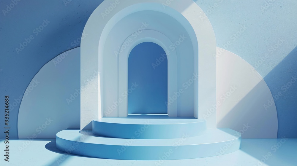 4. Modern blue 3D podium with a doorway, viewed from the front, against a white geometric abstract background, perfect for a sleek and stylish display 4. Modern blue 3D podium with a doorway, viewed from the front, against a white geometric abstract background, perfect for a sleek and stylish display