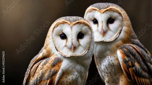 Detailed close-up of an owl with focus on its feathers and textured patterns, brown and cream hues. photo