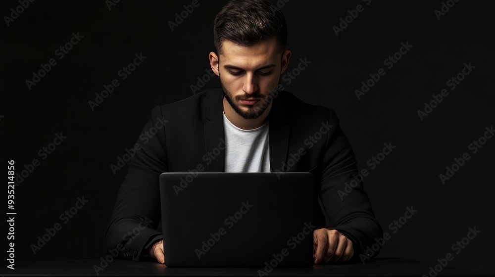 Man in black blazer working on a laptop in dark Man in black blazer working on a laptop in dark