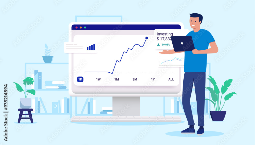Investor man smiling and being happy - Man with laptop computer looking at successful investments in stock market going up. Flat design vector illustration Investor man smiling and being happy - Man with laptop computer looking at successful investments in stock market going up. Flat design vector illustration