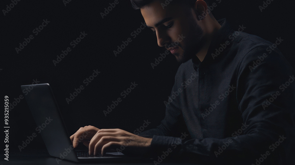 Person working on a laptop in a dark, calm setting. Person working on a laptop in a dark, calm setting.
