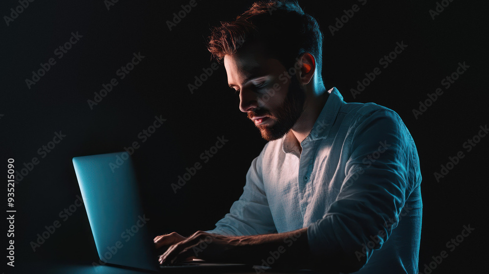 Man working on Apple laptop in a dimly lit room Man working on Apple laptop in a dimly lit room
