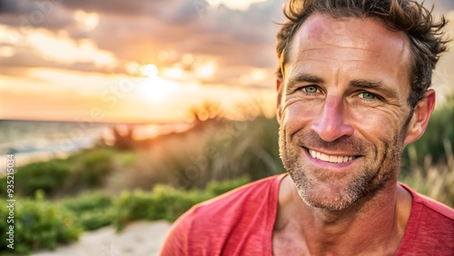 Happy man smiling at sunset.
