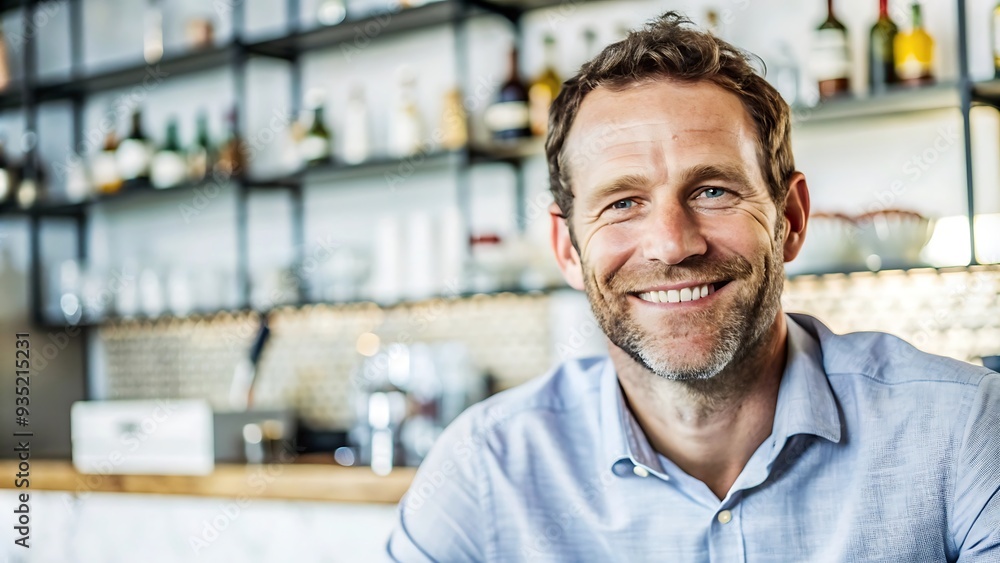 Fototapeta premium Happy Middle Aged Man in a Cafe.