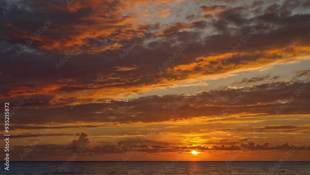 Seaside shores evening view with sun on a beautiful orange sunset, oceanic view under clear sky full of different shaped clouds Seaside shores evening view with sun on a beautiful orange sunset, oceanic view under clear sky full of different shaped clouds