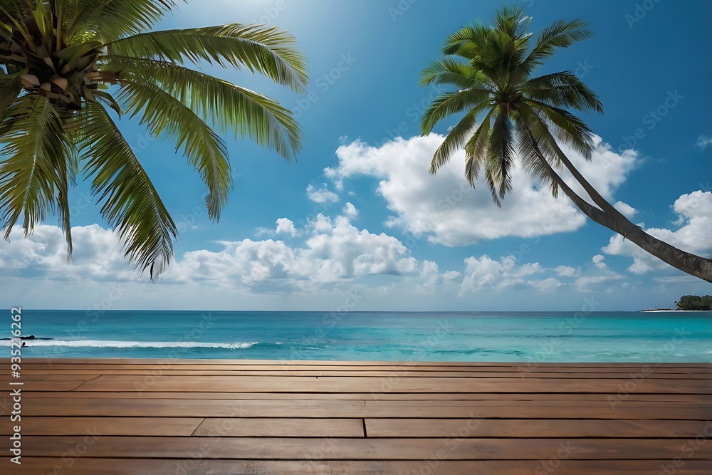 Seaside summer beach view clear blue sky and water with tropical trees theme, plank table close-up in foreground with space for showing products or advertise, summertime waves with white clouds in sky Seaside summer beach view clear blue sky and water with tropical trees theme, plank table close-up in foreground with space for showing products or advertise, summertime waves with white clouds in sky