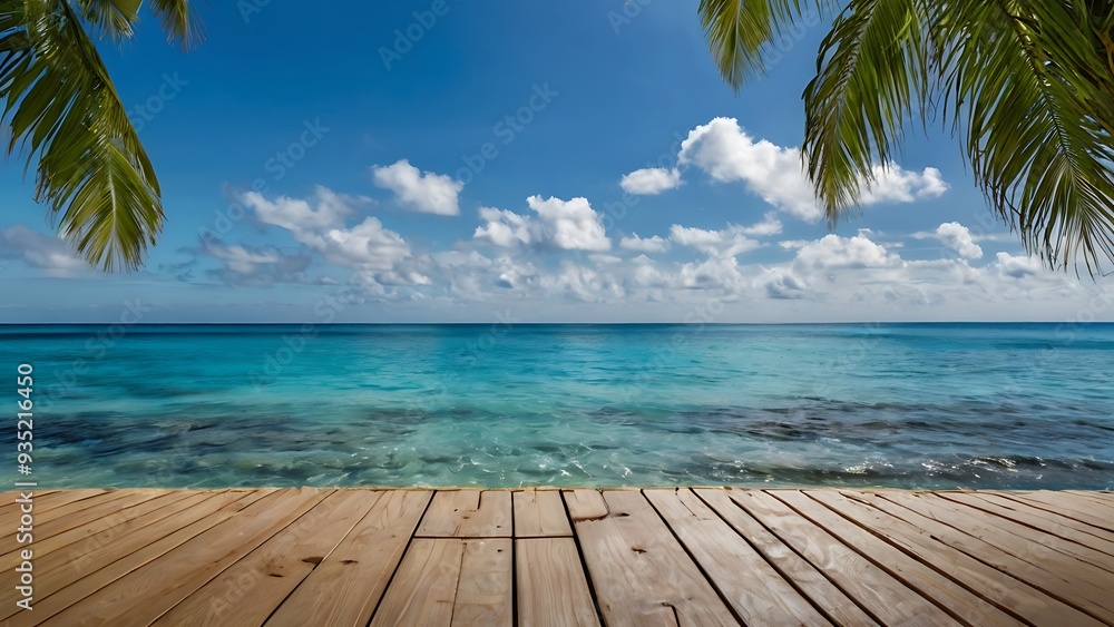Fototapeta premium Seaside summer beach view clear blue sky and water with tropical trees theme, plank table close-up in foreground with space for showing products or advertise, summertime waves with white clouds in sky