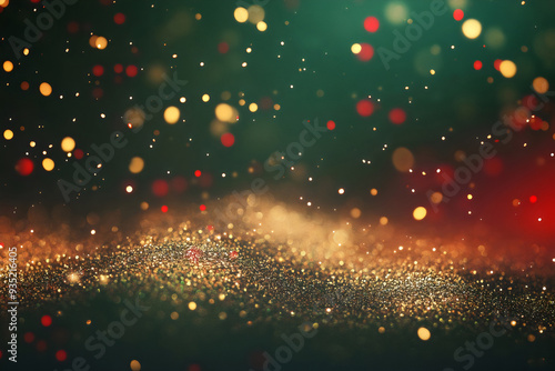 Abstract Christmas glittering background with red and gold lights falling on glitter green space for design