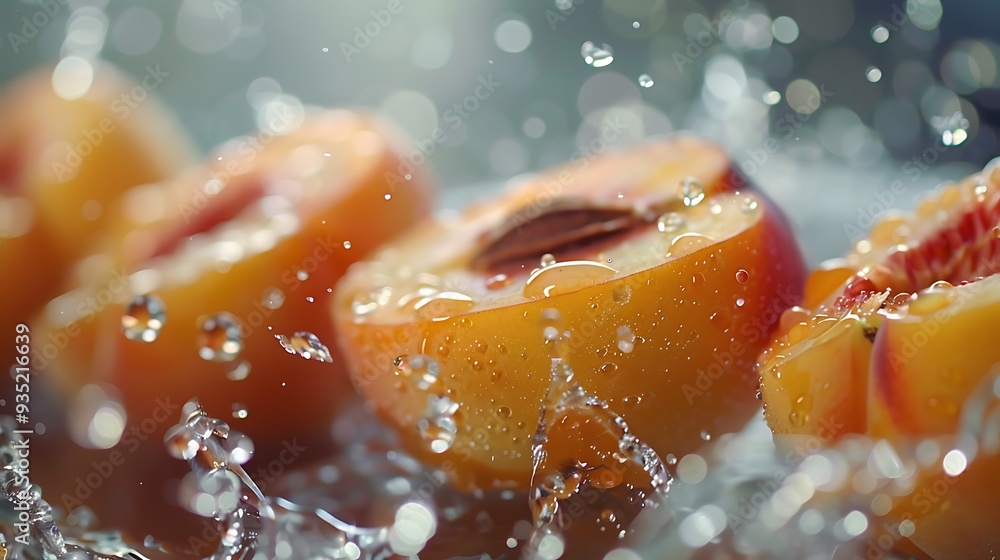 Gorgeous miniature of sliced peaches with droplets of water Gorgeous miniature of sliced peaches with droplets of water