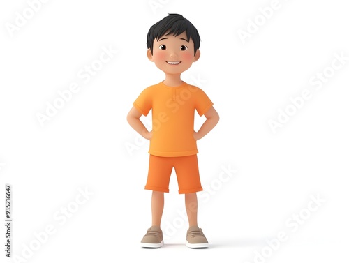 Full body 3D animation of a young Asian boy approximately 6 8 years old standing at the center of a white background  The character is posed in a casual neutral stance photo