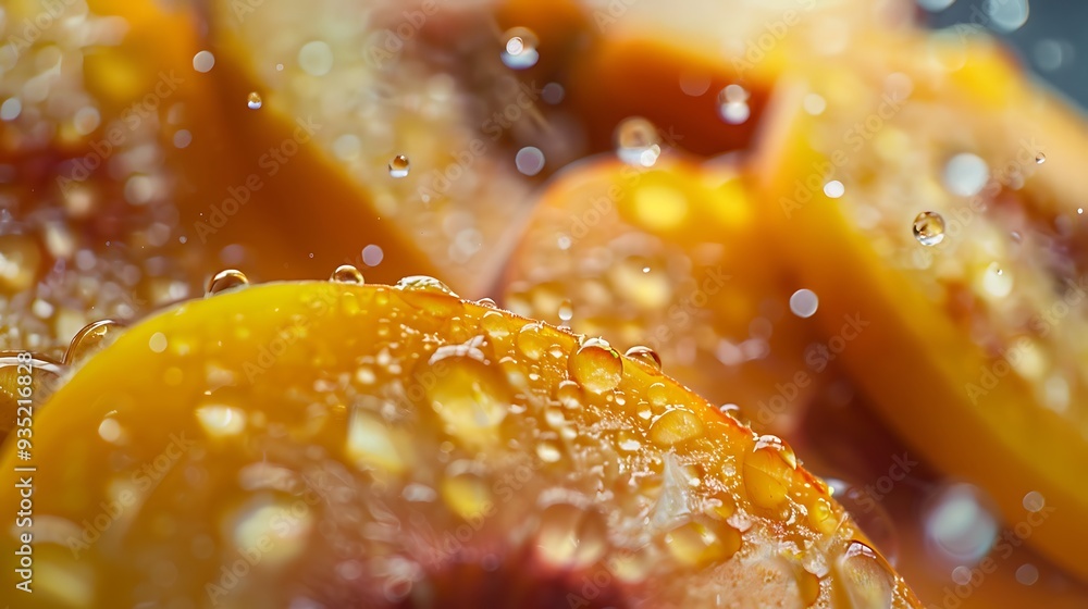 Gorgeous miniature of sliced peaches with droplets of water Gorgeous miniature of sliced peaches with droplets of water