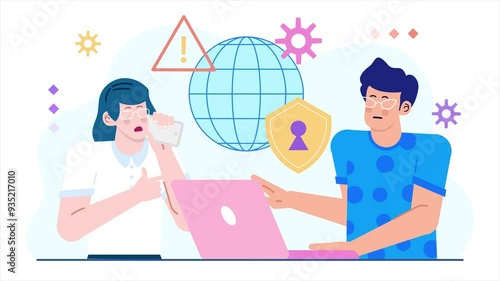 a worried woman over a laptop discussing cybersecurity and digital safety illustration business animated video