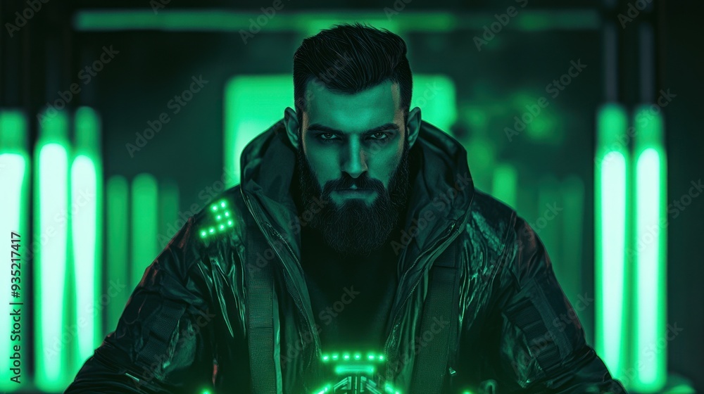 Man in high-tech attire with neon green lights. Man in high-tech attire with neon green lights.