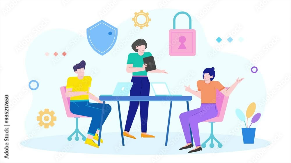 teamwork in productive discussion around table with laptops and digital tools illustration business animated video teamwork in productive discussion around table with laptops and digital tools illustration business animated video