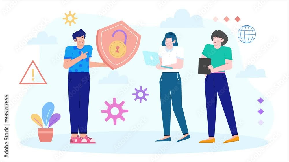 teamwork discussion about cybersecurity emphasizing the importance of data protection illustration business animated video