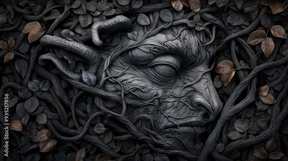 A detailed sculpture of a demon intertwined with vines and leaves, capturing the essence of nature reclaiming ancient ruins in a forgotten forest A detailed sculpture of a demon intertwined with vines and leaves, capturing the essence of nature reclaiming ancient ruins in a forgotten forest