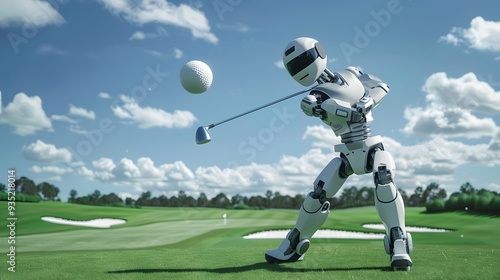 Robot Golfer Swinging Club: A robot golfer in mid-swing, sending a golf ball soaring over a pristine course. 