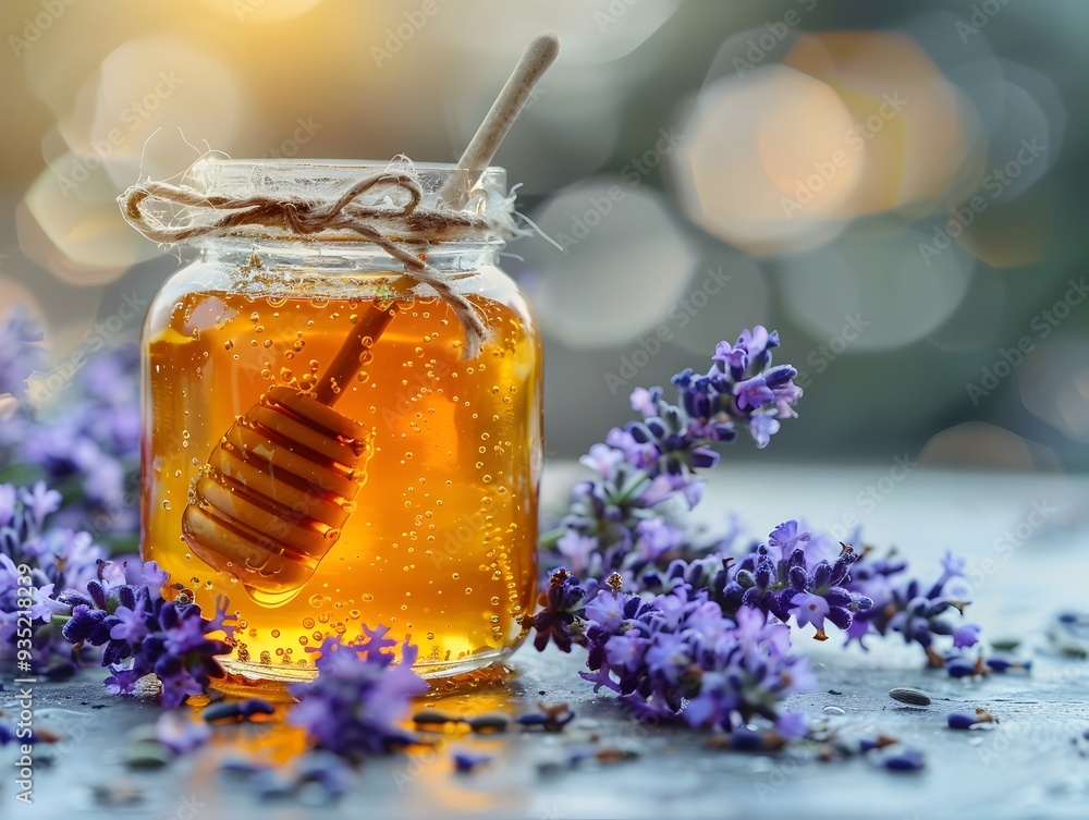 Honey Jar with Lavender Flowers in Soft Focus Nature Background Honey Jar with Lavender Flowers in Soft Focus Nature Background