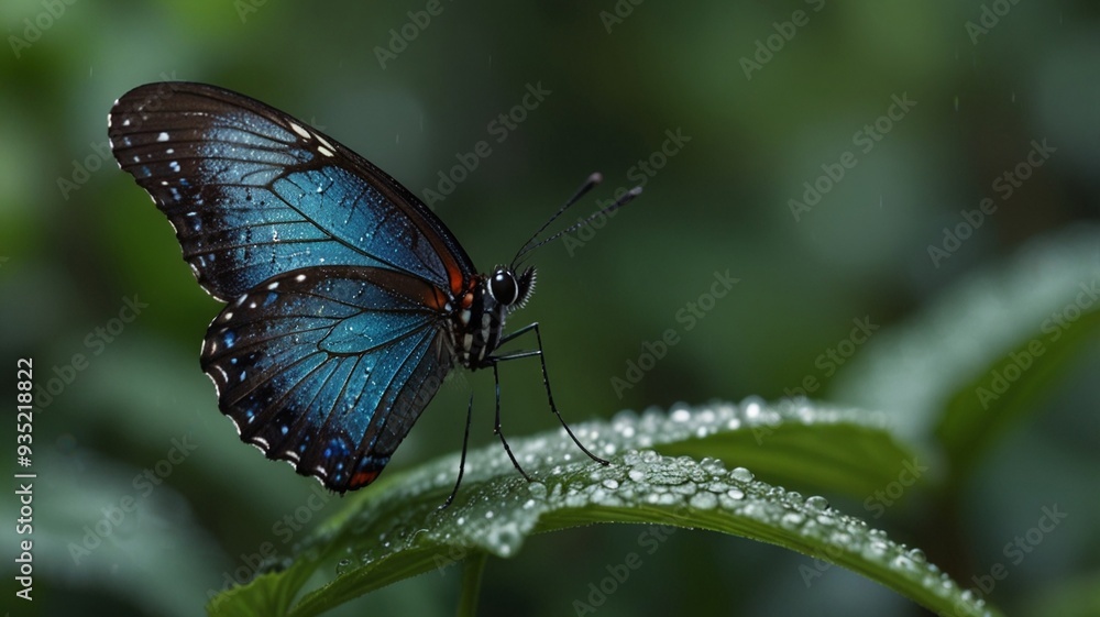 Fototapeta premium a blue butterfly with a blue tail is on a leaf.