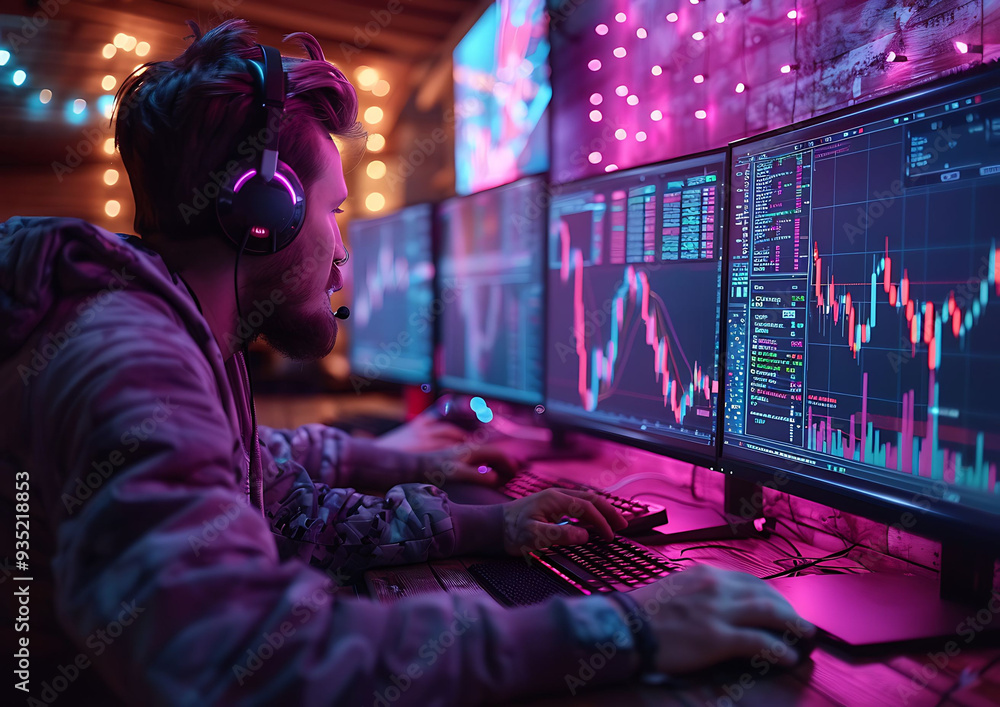 A focused individual analyzes financial data on multiple monitors in a vibrant, tech-inspired workspace. A focused individual analyzes financial data on multiple monitors in a vibrant, tech-inspired workspace.