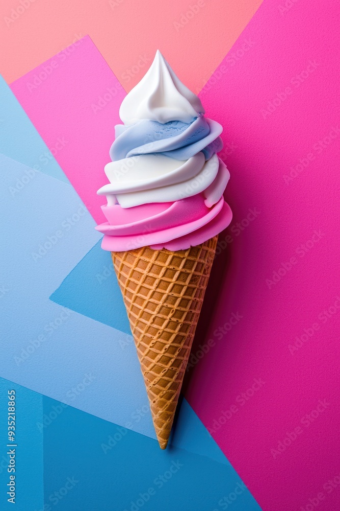 A colorful ice cream cone with swirls of blue, white, and pink against a vibrant background. A colorful ice cream cone with swirls of blue, white, and pink against a vibrant background.