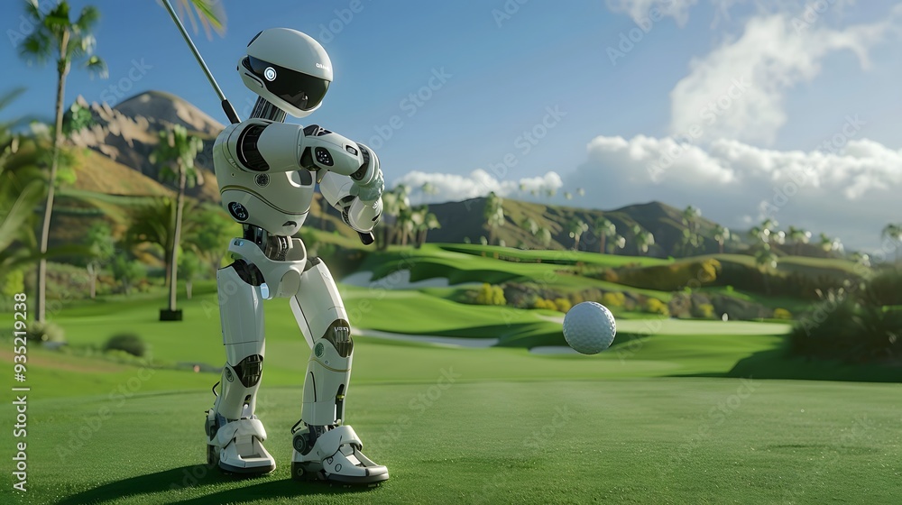 Fototapeta premium Robot Golfer Swinging Club: A robot golfer in mid-swing, sending a golf ball soaring over a pristine course.
