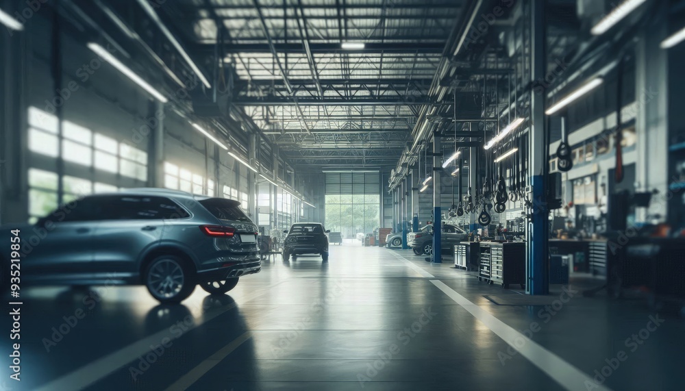 Abstract blur of a modern car garage interior, with indistinct shapes of vehicles and equipment, softly defocused to create a sense of motion and activity in an auto repair workshop Abstract blur of a modern car garage interior, with indistinct shapes of vehicles and equipment, softly defocused to create a sense of motion and activity in an auto repair workshop