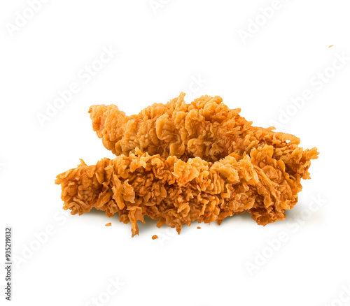 Fried Chicken breast hot crispy strips crunchy chicken tenders Two pieces isolated on a white background