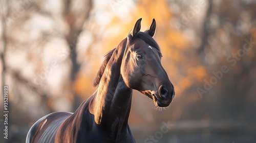 Gorgeous photograph of a brown chested horse gelding set against a backdrop photo