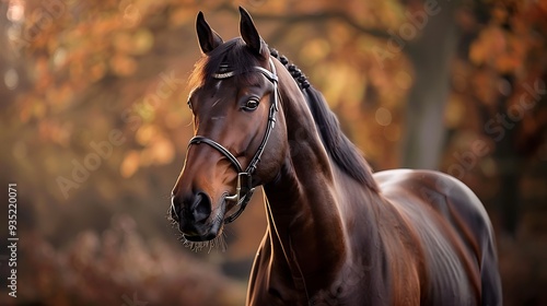 Gorgeous photograph of a brown chested horse gelding set against a backdrop photo