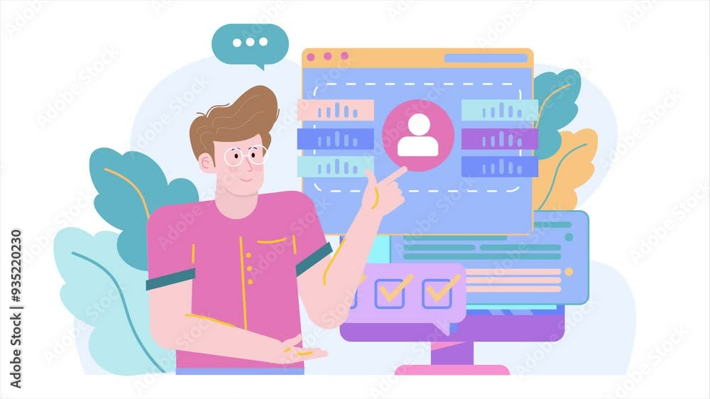 User interface interaction with character displaying digital options illustration business animated video User interface interaction with character displaying digital options illustration business animated video