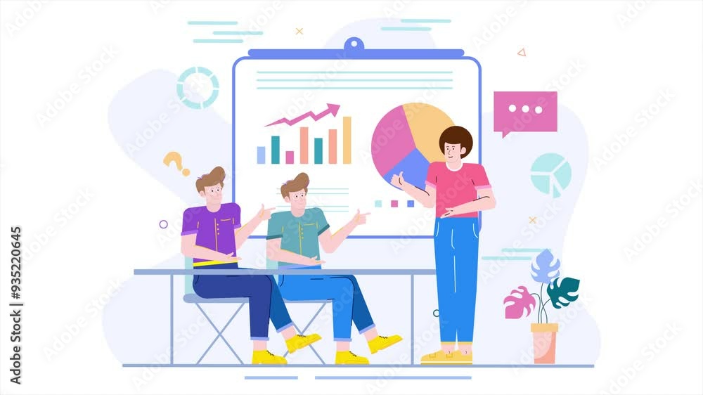 teamwork presenting data visually through charts and graphs on a board illustration business animated video teamwork presenting data visually through charts and graphs on a board illustration business animated video