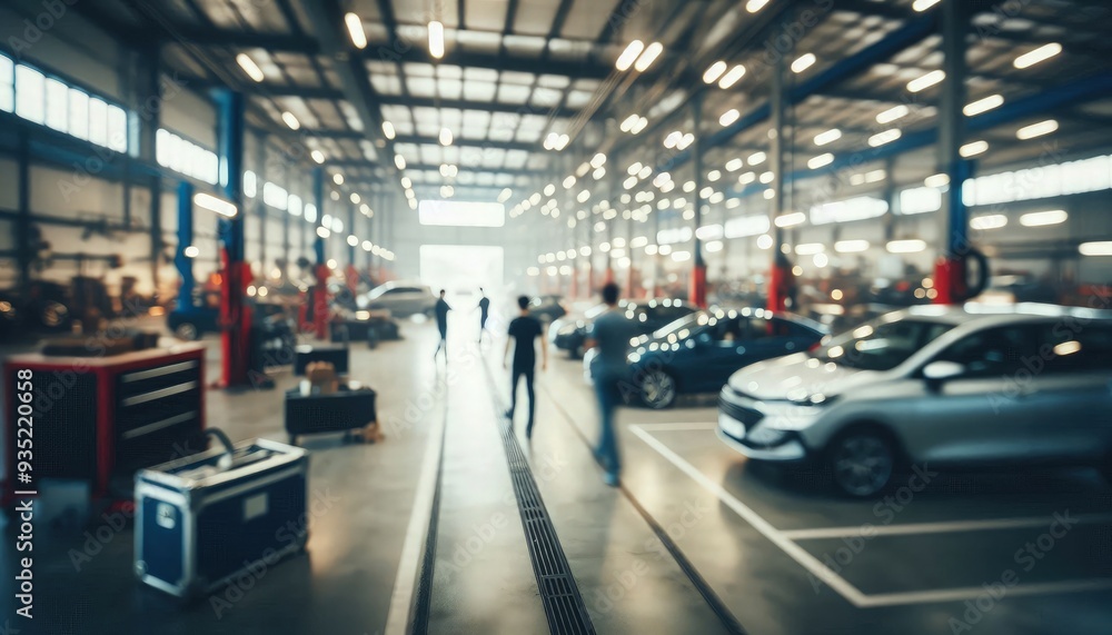 Fototapeta premium Abstract blur of a modern car garage interior, with indistinct shapes of vehicles and equipment, softly defocused to create a sense of motion and activity in an auto repair workshop