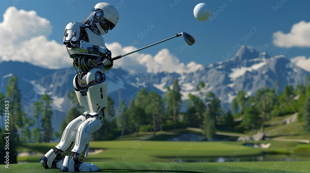Robot Golfer Swinging Club: A robot golfer in mid-swing, sending a golf ball soaring over a pristine course.
Robot Golfer Swinging Club: A robot golfer in mid-swing, sending a golf ball soaring over a pristine course.
