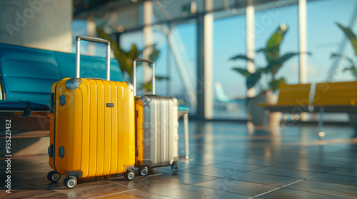 luggage waiting in a waiting room at an airport with blue sky