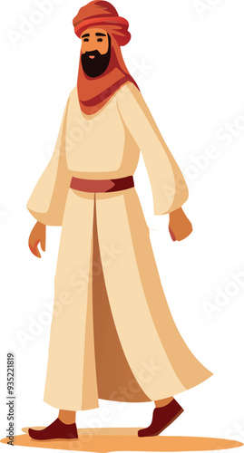 Bearded man wearing traditional clothing walking in the desert