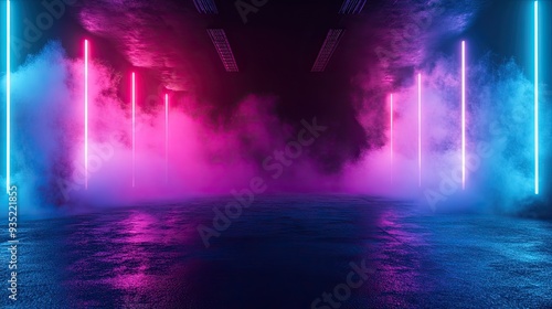 Dark empty room with concrete floor, neon lights and smoke. Abstract background