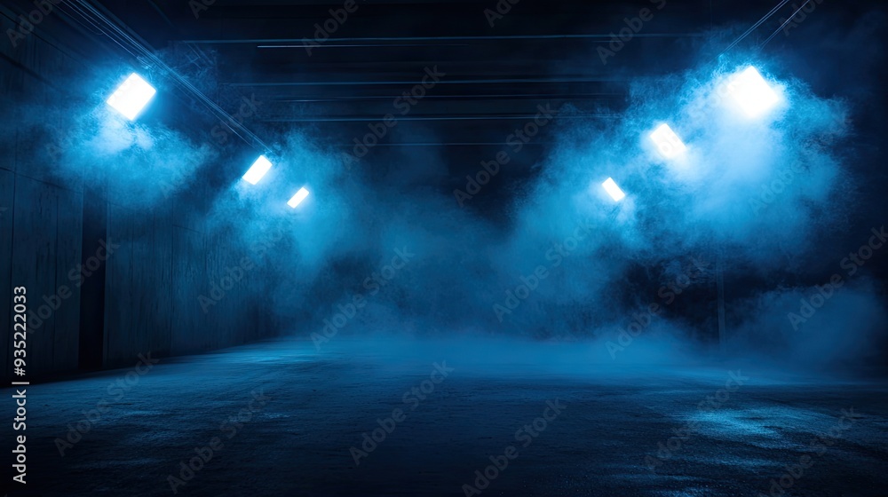 Dark empty room with concrete floor, neon lights and smoke. Abstract background Dark empty room with concrete floor, neon lights and smoke. Abstract background