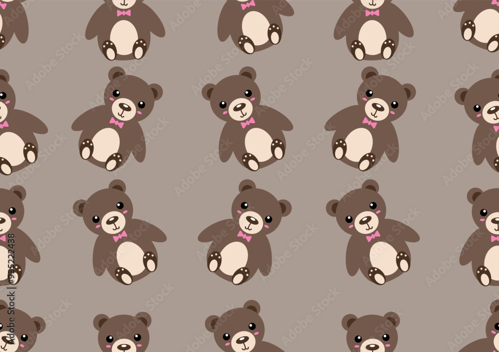 Fototapeta premium Cute brown teddy bear doodle art seamless pattern on a light brown background. For cards, frames, posters, book covers, textiles, wallpaper, wrapping and fabric.