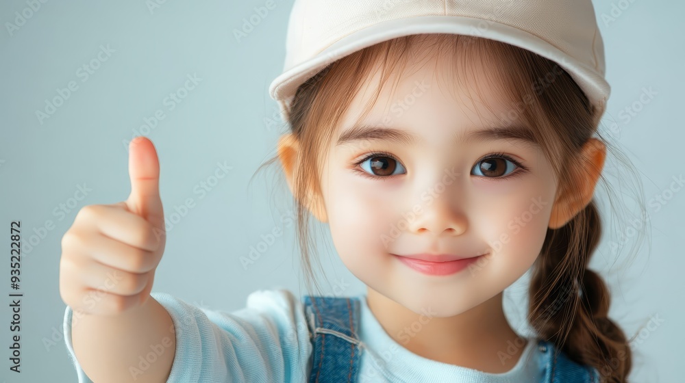 Happy Little Girl Giving Thumbs Up Wearing White Cap Happy Little Girl Giving Thumbs Up Wearing White Cap