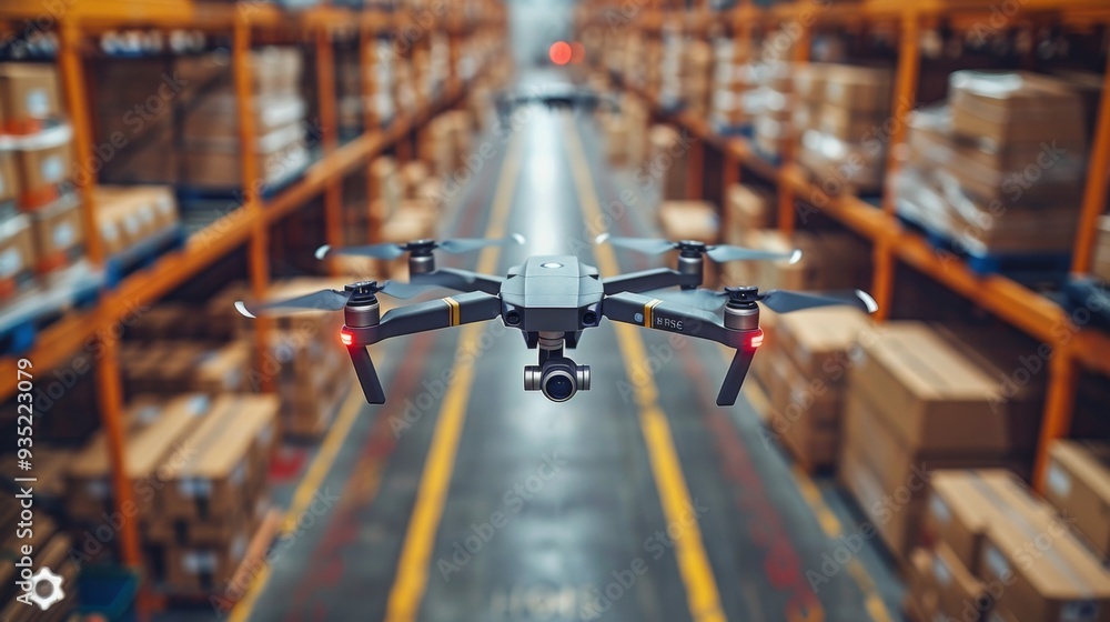Capture the precision of a drone monitoring inventory and stock levels in warehouses or manufacturing facilities, optimizing logistics and supply Capture the precision of a drone monitoring inventory and stock levels in warehouses or manufacturing facilities, optimizing logistics and supply
