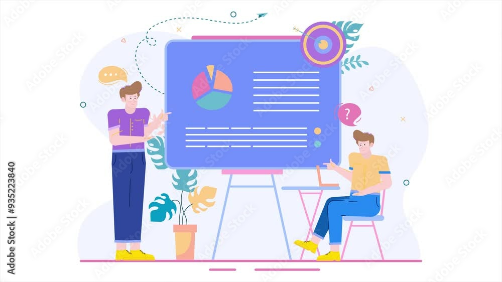 business people showing data with charts and collaborating in bright modern workspace illustration business animated video business people showing data with charts and collaborating in bright modern workspace illustration business animated video