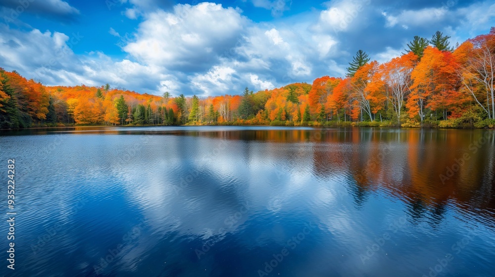 Fototapeta premium Vibrant fall foliage is reflecting in the still water of a lake on a beautiful autumn day with blue sky and white clouds