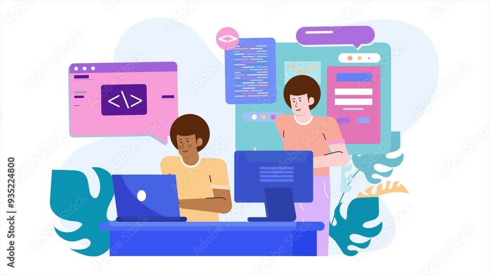 Two programmers collaborate in a vibrant workspace using laptops and desktop computers to engage in coding tasks illustration business animated video Two programmers collaborate in a vibrant workspace using laptops and desktop computers to engage in coding tasks illustration business animated video