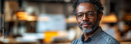 Male, African, relaxed, casual, glasses Indoor office with lights blue, grey, white, brown Relaxed