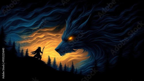 A silhouette of a demon hunter tracking a beast through a haunted forest, with glowing eyes watching from the shadows photo