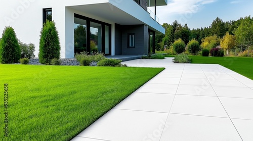 A house with a large lawn and a white sidewalk. The lawn is lush and green, and the sidewalk is made of tiles. The house is surrounded by trees, giving it a peaceful and serene atmosphere