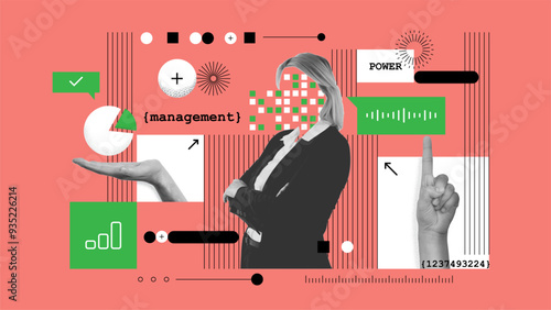 Multitasking. Business woman, project manager checking information on digital screen. Launching startup. Conceptual design. Contemporary art collage. Concept of business, modern technologies. Vector