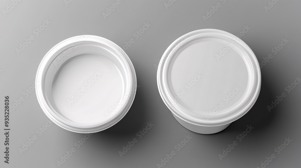 Empty transparent bucket with cap top view mockup for ice cream, yoghurt, mayo, paint, or putty. Plastic package design. Blank food or decor product container template Empty transparent bucket with cap top view mockup for ice cream, yoghurt, mayo, paint, or putty. Plastic package design. Blank food or decor product container template