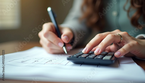 Young woman hand using calculator calculating bill, income, cost, budget, expenses, accounting, finance